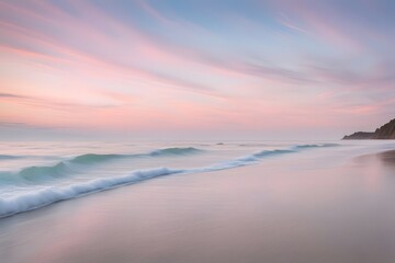 Fototapeta premium A peaceful beach at dawn with soft pastel colors in the sky and gentle waves on the shore, AI Generated