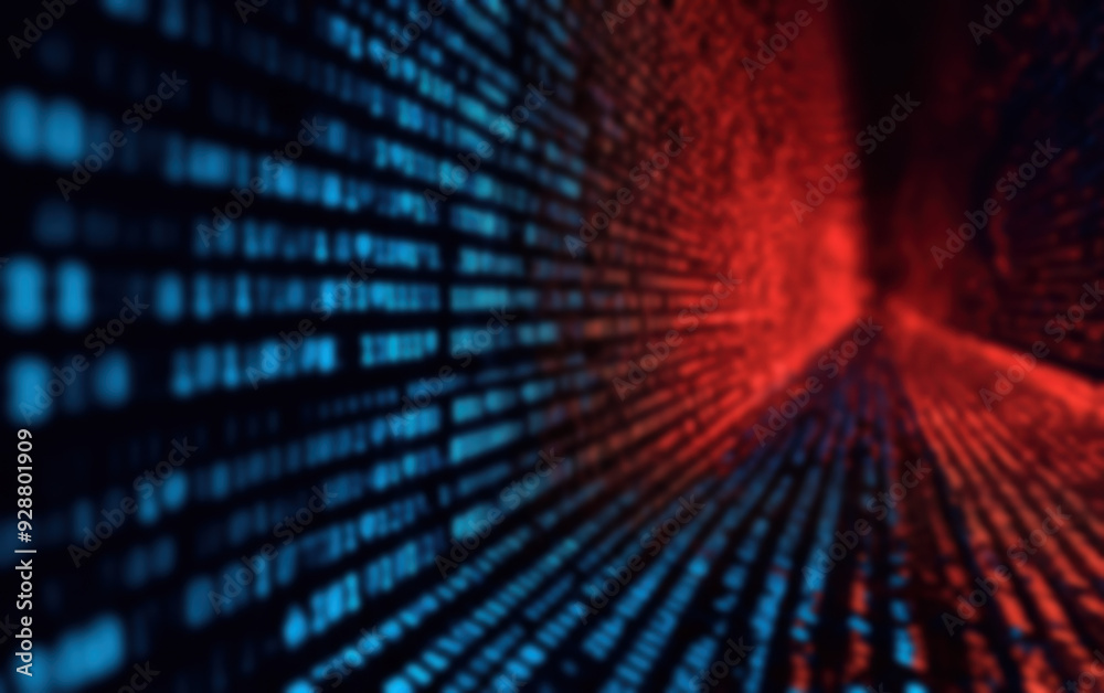 Poster abstract digital code tunnel with red and blue light effects, representing futuristic technology and