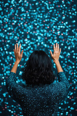 Woman in a sparkly, blue outfit with hands raised, standing against a vibrant background of glowing blue lights, evoking a sense of wonder and celebration.