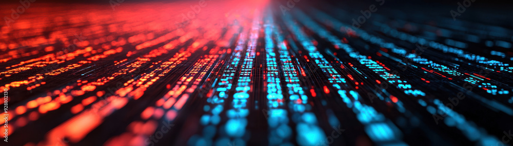 Poster abstract pattern of red and blue binary code resembling data transmission lines, representing techno