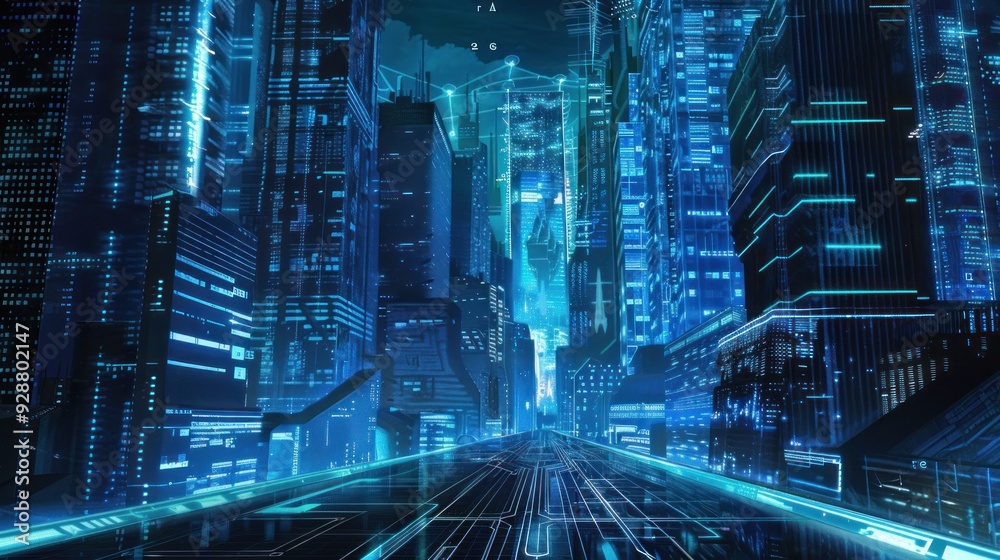 Wall mural Cyberpunk Cityscape with Neon Lights