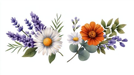 Two flowers, one purple and one white, are in a bouquet