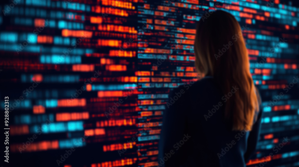 Poster a person analyzing complex data on a digital screen filled with red and blue code, representing tech