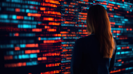 A person analyzing complex data on a digital screen filled with red and blue code, representing technology, cybersecurity, and data analysis.