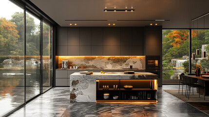 A modern kitchen with a marble island and glass walls, featuring an interior design with a black and gold color scheme and modern architecture. Large windows overlook nature
