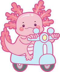 Illustration of cute axolotl activities icon.
Funny pink axolotl in daily routine stickers.