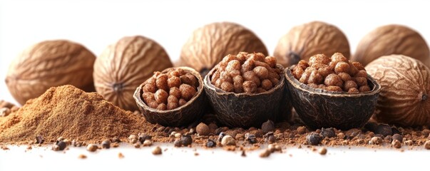 Obraz premium Assorted spices featuring nutmeg and coriander seeds, perfect for culinary and ingredient-focused imagery.