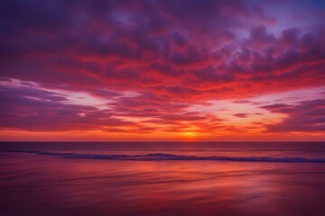 Obraz premium A peaceful sunset over a calm ocean with the sky painted in rich reds oranges and purples, AI Generated