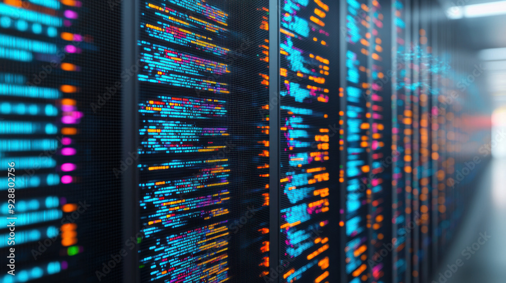 Poster blurred view of server racks with colorful data reflected, representing digital technology and infor