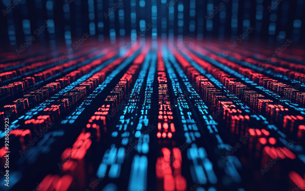 Poster abstract digital technology background with glowing binary code in blue and red. futuristic sci-fi c