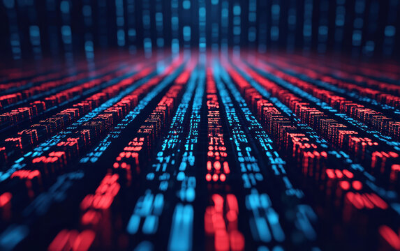 Abstract digital technology background with glowing binary code in blue and red. Futuristic sci-fi concept for AI, big data, and cybersecurity.