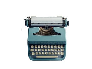 a blue typewriter with a paper roll