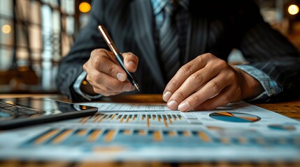 Obraz premium Closeup of a businessman's hand analyzing charts and graphs with a pen in hand.