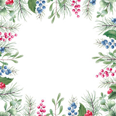 Christmas floral frame. Hand painted watercolor illustration. Winter botanical frame with greenery, berries.