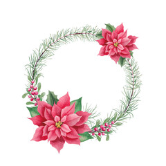 Christmas watercolor wreath with poinsettia, pine branches, berries. Hand drawn winter floral frame for greeting card and invitation.