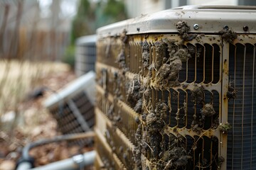 Neglected Air Conditioning Unit Covered in Dirt and Debris
