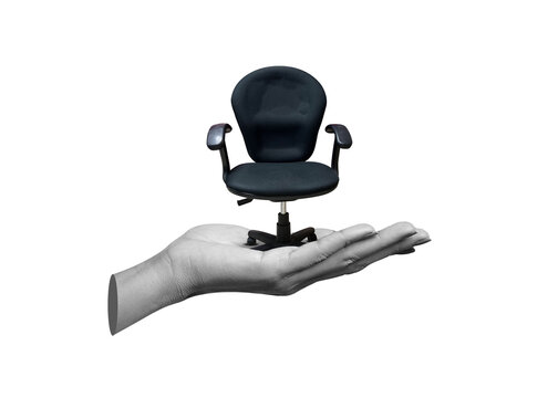 We are hiring. Join our team announcement. Hand holding a office chair png.