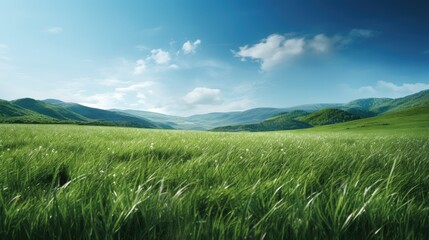 Fototapeta premium Green meadow with hills in background
