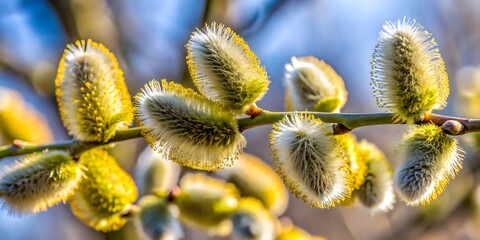 Fototapeta premium Close up photo of fluffy weidenk?tzchen catkins on a tree branch , nature, spring, catkins, tree, close up, fluffy, plant