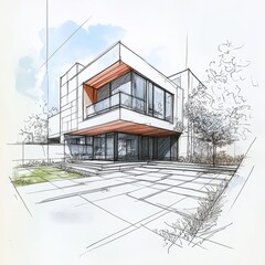  Contemporary architectural sketch with pencil and markers of a house facade, technical drawn background
