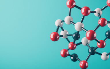 Close-up of a molecular structure model with red, black, and white spheres and sticks against a blue background, depicting scientific research.