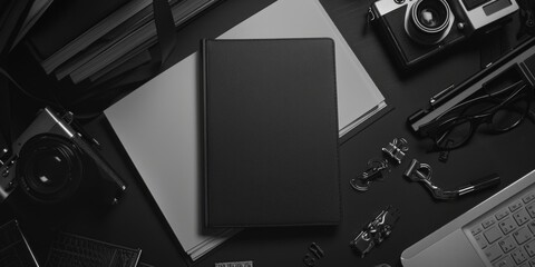 Obraz premium A black and white photo of a desk with various office supplies including a notebook and camera