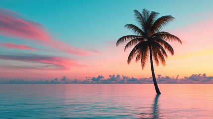 Obraz premium A serene tropical sunset with a lone palm tree reflected on the tranquil ocean waters under a vibrant sky. Perfect for travel and relaxation themes.