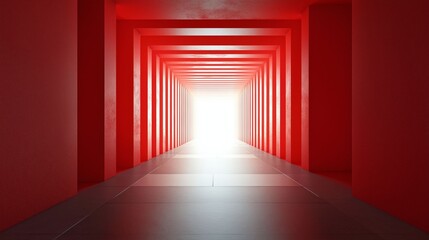 Abstract red tunnel with repeating geometric shapes leading to a bright white light at the end.
