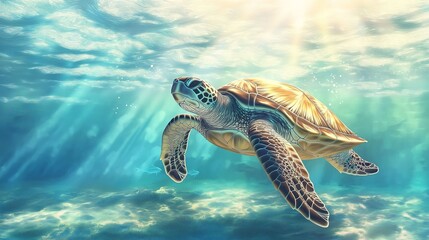 Obraz premium A beautiful sea turtle gracefully swims underwater.