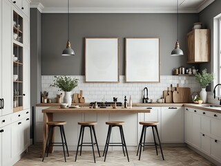 Modern kitchen interior with white cabinets, wooden countertop, and four bar stools.