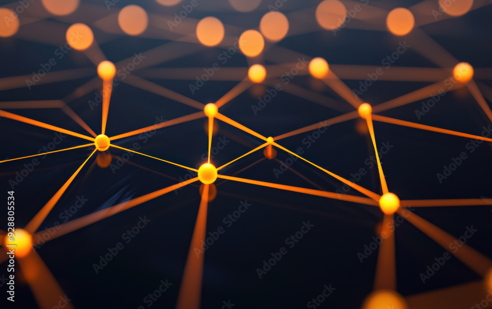 Poster abstract network with glowing nodes and connecting lines, representing data, technology, and communi