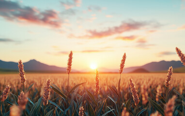 Golden wheat fields under a tranquil sunset with mountains in the distance, creating a serene agricultural landscape perfect for nature and farming themes.