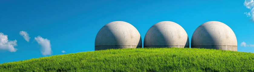 Modern concrete domes on lush green hill under a clear blue sky, showcasing architectural innovation and nature contrast.
