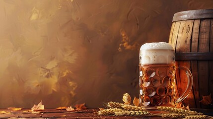 Background for Oktoberfest. Horizontal banner, for celebrating the beer festival in the fall. Mug of beer, ears of wheat, hops and a barrel of beer on a rustic background with copy space