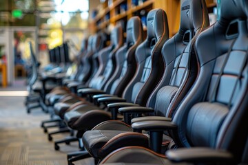 A neat row of stylish and comfortable gaming chairs is arranged in a modern office setup, suggesting a high-tech environment focused on comfort and efficiency.