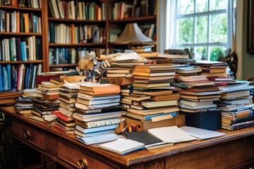 A Pile of Books on a Wooden Desk in a Library