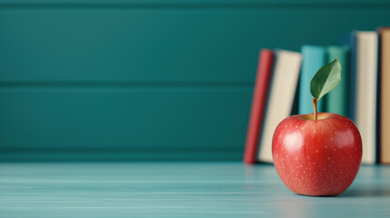 A fresh red apple with a leaf sits on a blue wooden table against a backdrop of colorful books, representing education and healthy living.