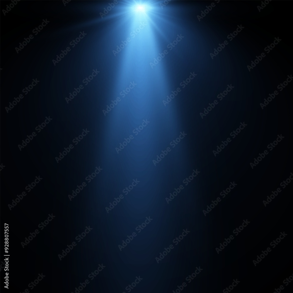 Poster studio light rays on blue background.light effect blue glowing light. solar flare. glow effect. star