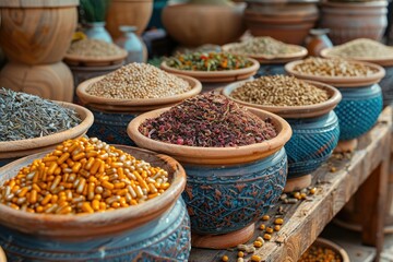 Fototapeta premium Assortment of Dried Herbs and Spices in Clay Bowls at a Market Stall