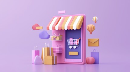 3D Mobile E-commerce Platform with Shopping Cart and Bags