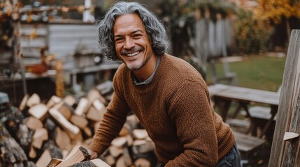 Joyful Senior Man Chopping Wood in Backyard During Autumn