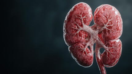 Detailed close-up of a human kidney with visible internal structures, showcasing the intricacies of the renal system against a dark background.