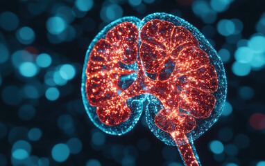Futuristic digital illustration of human kidneys with glowing networks, representing healthcare, medical research, and advanced technology.