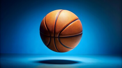 Obraz premium Basketball bouncing on a vibrant blue background, basketball, sports, game, competition, court, bounce, dribble, shoot, team, player