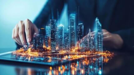 Ai enhanced urban planning  sustainable smart city development with digital tablet design