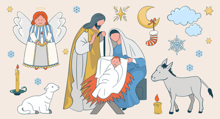 Merry Christmas religious scene of Christ's birth. Set of holy family, donkey and sheep, candles, snowflakes, star, angel, bells, hand drawn holiday lettering. Colorfull Doodles, vector illustration