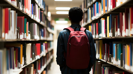 Enthusiastic Young Student Scanning Bookshelf, Carefully Choosing Textbooks for Upcoming Semester, Prepared with Backpack and Schedule