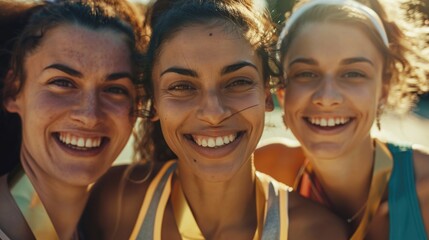 Fototapeta premium Three women standing side by side, smiling and chatting