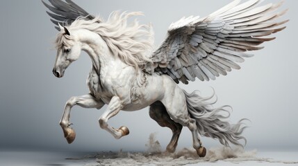 Majestic Pegasus, a mythical winged horse, flying  with white powerful wings outstretched, showing strength and grace 