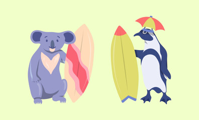 Cartoon Color Characters Animal Penguin and Koala Surfers Set Summer Vacation Activity Surfboarding Concept Flat Design Style. Vector illustration